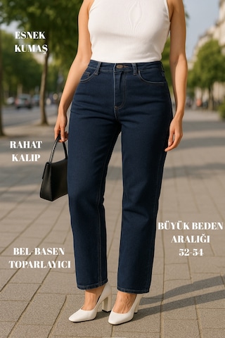 Cedy Denim Cedy Denım - Kadın Büyük Benden Boru Paça Yüksek Bel Regular Fit Likralı Pantolon C626 Lacivert