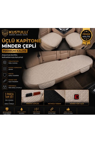 3'lü Kapitone Terletmeyen Oto Koltuk Minder Cepli Model Krem 1