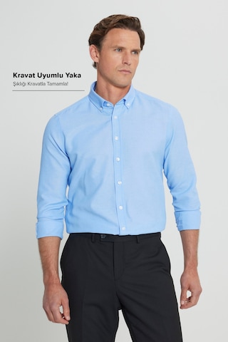 AC&Co / Altınyıldız Classics Tailored Slim Fit Dar Kesim Düğmeli Yaka Oxford Erkek Gömlek Mavi