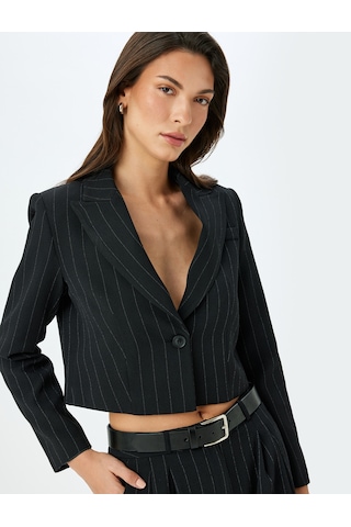 Koton Kruvaze Çizgili Crop Blazer Ceket Siyah Çizgili 5sak50103uw Siyah Çizgili Siyah