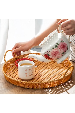 Porsima 710-b Yuvarlak 3'lü Hasır Tepsi Dekoratif Sunum Tepsisi