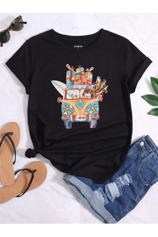 Kadin Siyah Oversize Woswos Baskılı T-shirt Siyah