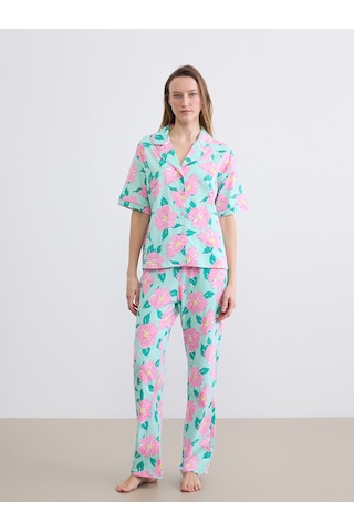 Lcw Dream Turkuaz Gömlek Yaka Çiçekli Kadın Pijama Takımı