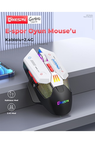 Mkespn W19 Dual Mode Kablosuz Gaming Mouse 10000 Dpı 7 Tuş Makro 1000hz Rgb - Siyah Beyaz