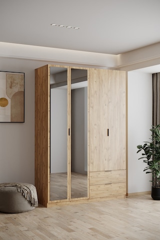 Evdemo Yakut Aynalı 4 Kapaklı 2 Çekmeceli Gardırop 210 Cm Atlantik Çam
