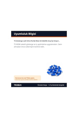 Trobus T5 Gösterge Ledi Ultra Parlak Mavi 20 Adetlik Araç İçi Ampul Seti
