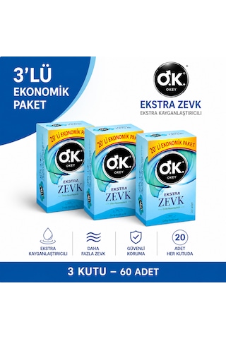 Okey Ekstra Zevk 20 Extra Kayganlaştırıcılı Prezervatif 20 Li 3 Kutu 60 Adet