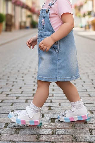 Kiko Kids Gilan Cırtlı Işıklı Kız Bebek Babet Ayakkabı Beyaz