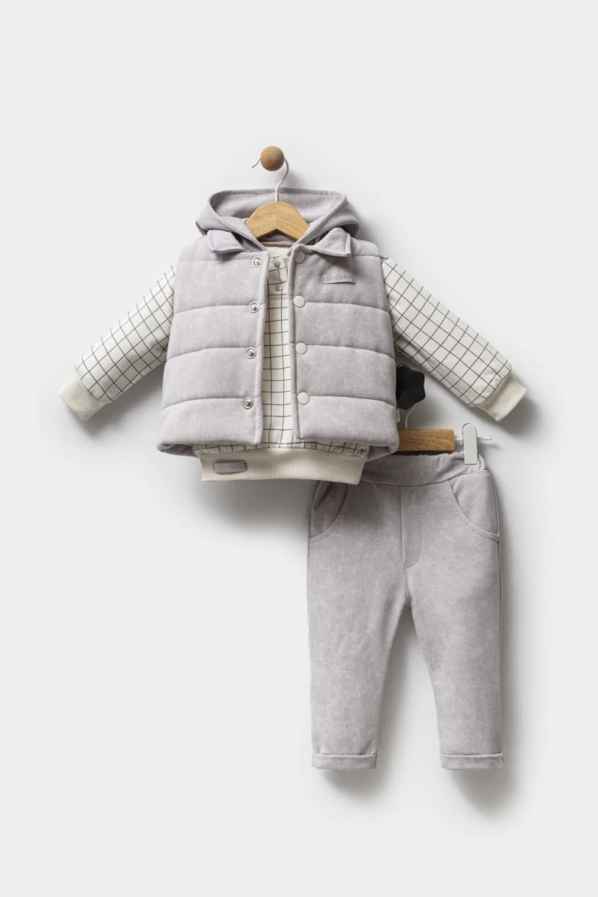 Bilge Trend Erkek Bebek Gri Kapüşonlu Sweat , Şişme Yelek , Pantolon 3 Parça Premium Seri Kışlık Takım