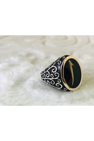 Siyah Taş Içinde Elif Harfi Yazılı 925 Ayar Erkek Gümüş Yüzük