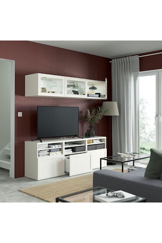 Tv Ünitesi, Beyaz-şeffaf Cam, 180x42x192 Cm, Hanvıken/sındvık, Çıt Çıt Raylı Beyaz