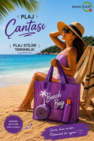 Mainshop Mor Şeffaf Beach Bag Kadın Plaj Çantası Büyük Hacimli M-plj01