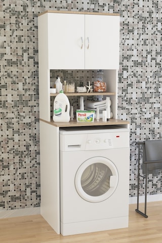 AE-2042 Solo Çamaşır Makinesi Dolabı, Banyo Dolabı, 4 Raflı, Kapaklı, Beyaz Dolap Beyaz