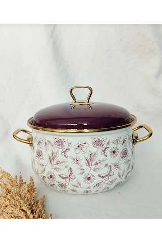 22 Cm Lila Vintage Çiçek Emaye Tencere 3,75 Litre Süt Yoğurt Güveç Tenceresi Lila