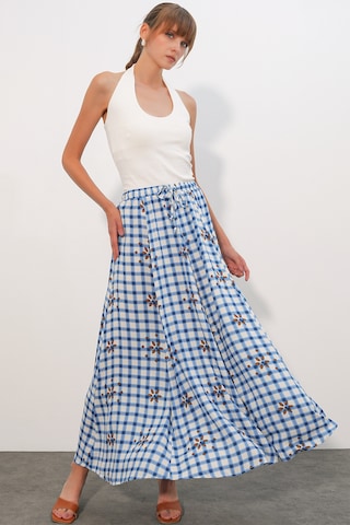 Bigdart Kadın Kare Desenli Uzun Etek 8065 - Mavi