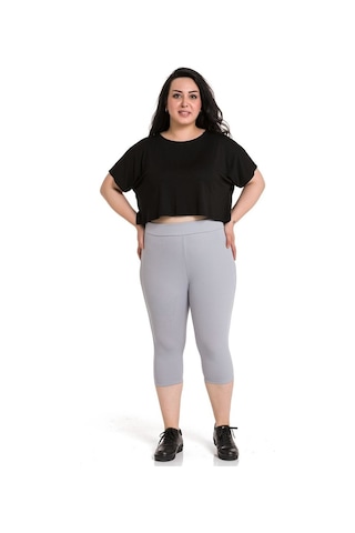 Büyük Beden Fitilli Karyoka Dikişli Diz Altı Gri Bayan Tayt