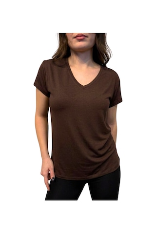 Thiff Gymwear Kadın Kısa Kollu V Yaka Basic Tişört T-shirt Kahverengi