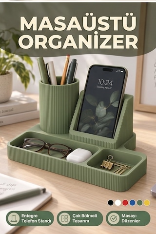 Masaüstü Organizer Telefon Standı Kalemlik Çok Amaçlı Masa Düzenleyici Yeşil