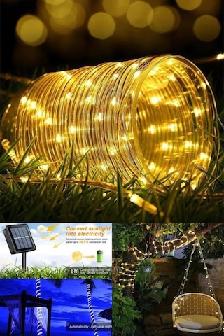 Sudan Etkilenmez 10 Metre 100 Ledli Solar Güneş Enerjili Esnek Borulu Solar Bahçe Aydınlatması Sarı