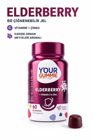 Y'our Gummie Elderberry Kara Mürver C Vitamini ve Çinko 60 Çiğnenebilir Jel