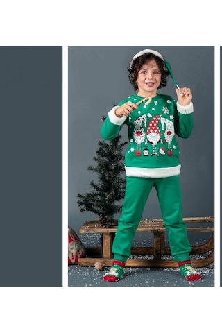 Unisex Çocuk Yılbaşı Christmas Noel Temalı 3 Cin Model Kapüşonlu 3 İp Şardonlu 3 Parça Alt Üst Takım Yeşil