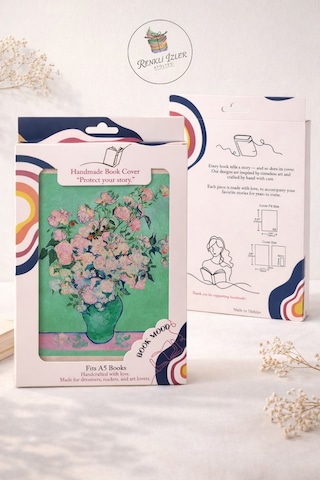 Kitap Kılıfı Ve Metal Kitap Ayracı Seti Van Gogh Pembe Güllü Vazo