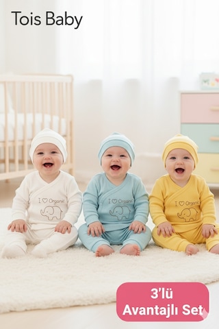 3 Lü Avantajlı Set Hediyelik Organik Hastane Çıkışı Bebek Takımı 0-3 Ay Beyaz, Mavi, Sarı