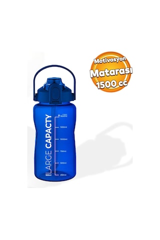 Sağlıklı Polikarbon 1.5 Litre Büyük Kapasiteli Su Matarası Pipetli Suluk Mavi Mavi
