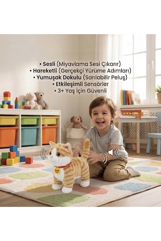 Sevimli Kedi Uzaktan Kumandalı Sesli Miyavlıyan Dil Çıkaran 5 Fonksiyonlu Oyuncak Peluş Hayvan Turuncu Çok Renkli