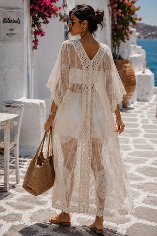 Asprinfashion Kadın İthal Dantel Pareo Kimono Plaj Elbisesi Ekru Bohem Yazlık Kaftan