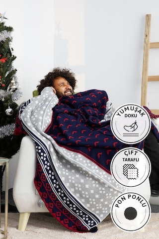 Biocotton Triko Ponponlu Örgü Tv Battaniyesi - Lacivert Lacivert