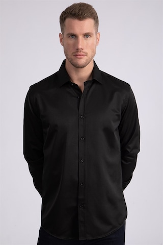 Tudors Modern Slim Fit Düz Saten Erkek Gömlek-23049 Siyah