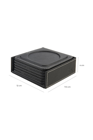 Bardak Altlığı,6 Lı Set,masaüstü Yuvarlak Cup Coaster,vegan Suni Deri,11x11 Cm.,siyah