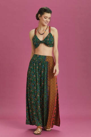 Çiçek Desenli Arka Bel Lastikli Derin Yırtmaçlı Etek 001