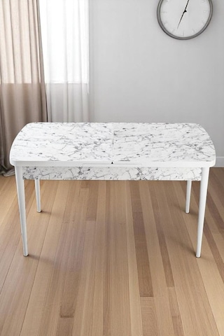 Mia Serisi Açılabilir Mutfak Masası Takımı Beyaz Mermer Desen Masa 6 Sandalye, Yemek Masası Lacivert