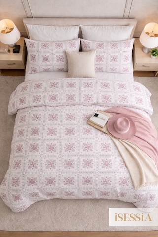 Mira Çift Kişilik Lastikli Çarşaflı Nevresim Takımı Pembe - Çiçek - Motif