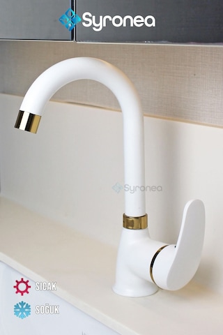 Mat Beyaz Kısa Nano Teknoloji Banyo Lavabo Bataryası Altın Desenli Musluk Beyaz