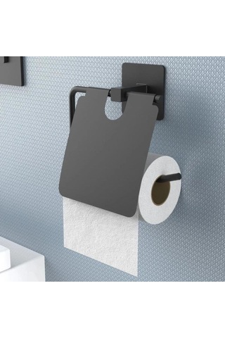 Ollevra Kendiliğinden Yapışkanlı Siyah Paslanmaz Metal Kapaklı Tuvalet Kağıtlığı Aparatı Gri
