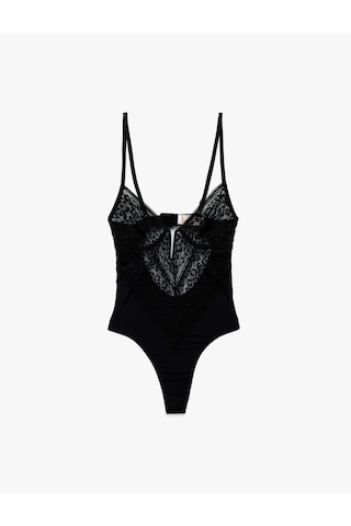 Koton V Yaka İnce Askılı Transparan Dantelli Bodysuit Siyah 6wlk00002mk Siyah