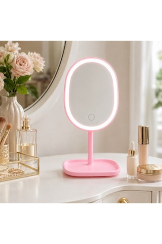 Humas Led Işıklı Masaüstü Makyaj Aynası, Dokunmatik Kontrollü, 3 Işık Modlu, Parlaklık Ayarlı, Usb Şarjlı, Tepsili Masa Aynası Pembe