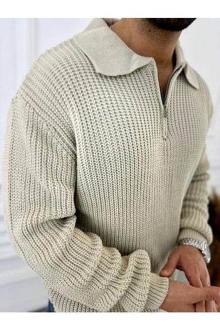 Kazak Oversize Tüylenmez Naturel Pamuk Fermuarlı Polo Yaka Örme Triko Kazak Krem