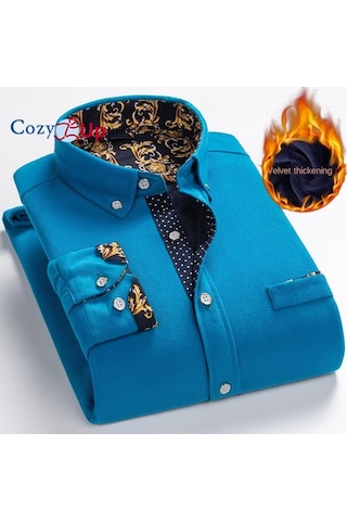Cosy Up Fitilli Kadife Sıcak Erkek Polar Gömlek Kış İçin Sıcak Gömlek Mavi