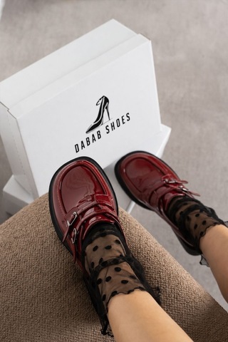 Dabab Shoes Elvan Kadın Bordo Rugan Küt Burun Çift Toka Detaylı Kalın Taban Loafer Ayakkabı