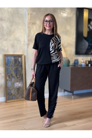 Gülsüm Aydın Kadın Bisiklet Yaka Kısa Kol Leopar Desen Bluz Ve Pantolon Ikili Takım Siyah
