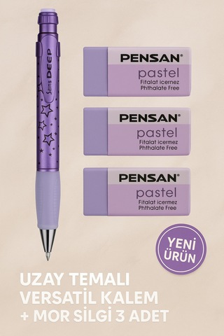 Metalik Mavi 0.7 Versatil Kalem + Pastel Mavi Silgi 3'lü Set Uzay Temalı