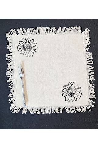 %100 Pamuklu Ham Keten Pamuk Ayçiçek Taş Baskı Püsküllü 6' Lı Amerikan Servisi Supla Kare 42 Cm Naturel