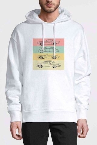 Eski Araba Nostalji Baskılı Beyaz Erkek Kapşonlu Sweatshirt