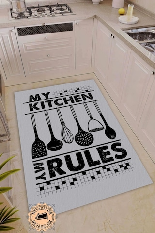 Mutfak Halısı Modern My Kitchen Yazılı Halı Dijital Baskı Makine Gri