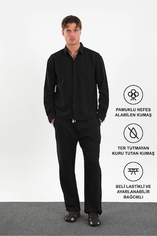 Flare Kışlık Baggy Pantolon Oversize Gömlek Alt Üst Takım %100 Pamuk Siyah