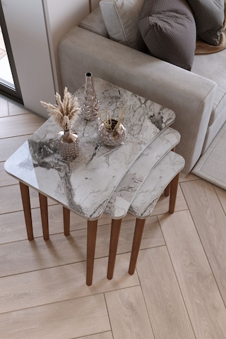 Zuesse Dizayn Reyhan 3lü Zigon Sehpa & Yan Sehpa Ahşap Ayaklı Salon Seti Çay Sehpası - Beyaz Mermer